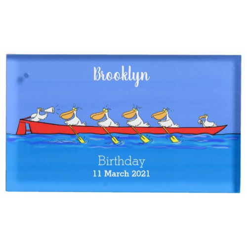 Funny pelicans rowing cartoon illustration place card holder