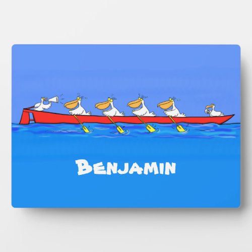 Funny pelicans rowing cartoon illustration plaque