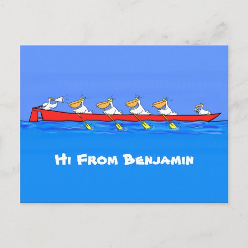 Funny pelicans rowing cartoon illustration postcard