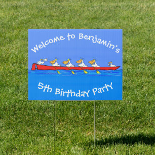 Funny pelicans rowing cartoon illustration sign