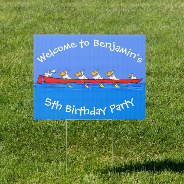 Funny pelicans rowing cartoon illustration sign (Insitu)