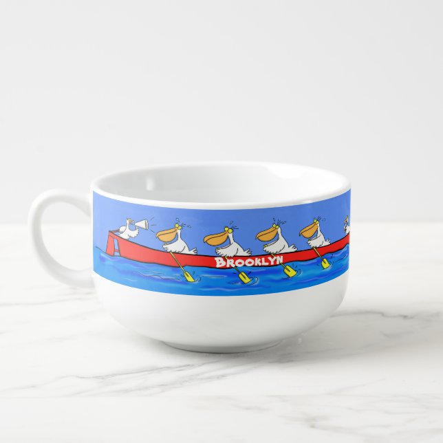 Funny pelicans rowing cartoon illustration soup mug (Right)
