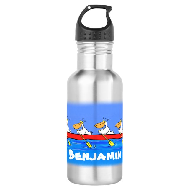 Funny pelicans rowing cartoon illustration stainless steel water bottle (Front)