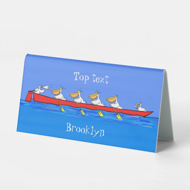 Funny pelicans rowing cartoon illustration table tent (Front)