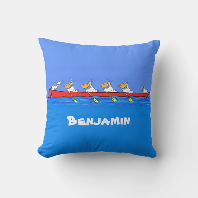 Funny pelicans rowing cartoon illustration throw pillow (Front)