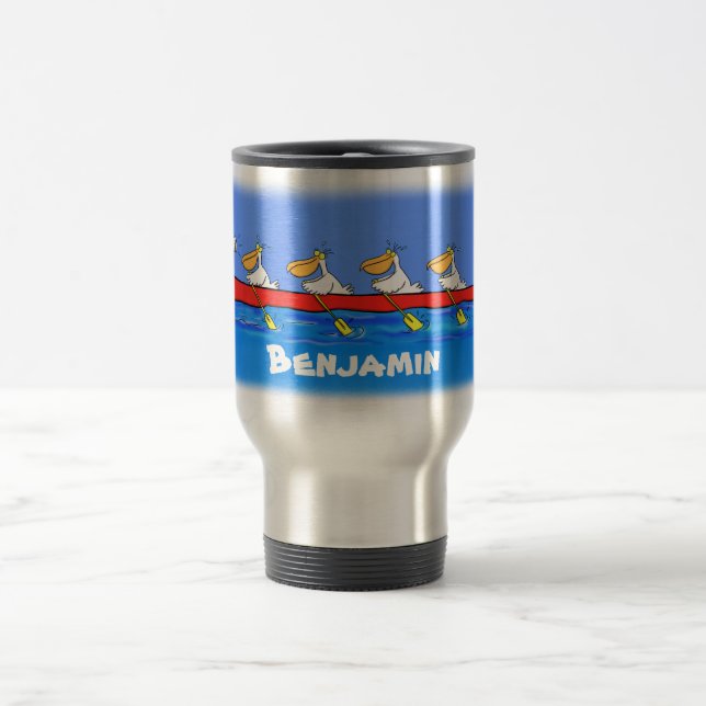 Funny pelicans rowing cartoon illustration travel mug (Center)
