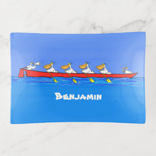 Funny pelicans rowing cartoon illustration trinket tray