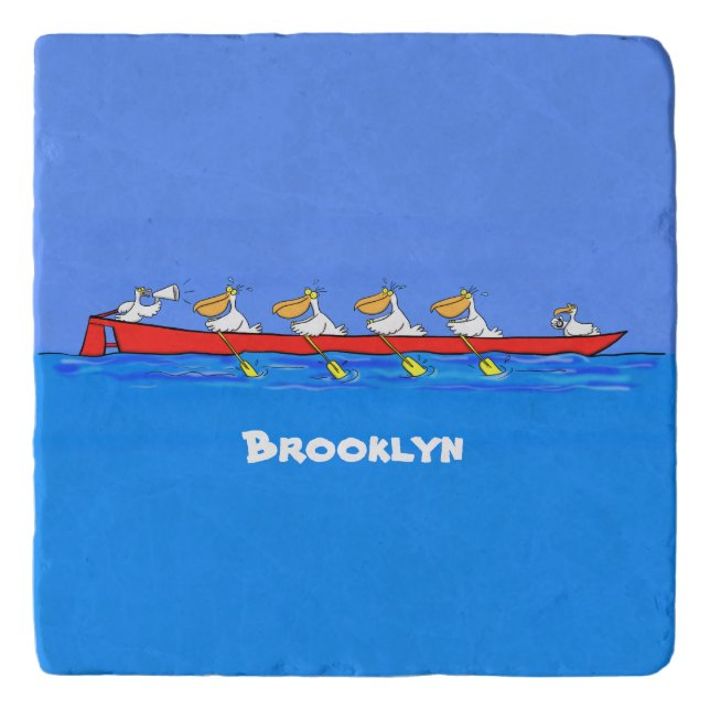 Funny pelicans rowing cartoon illustration trivet (Front)