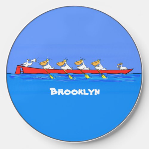 Funny pelicans rowing cartoon illustration wireless charger 