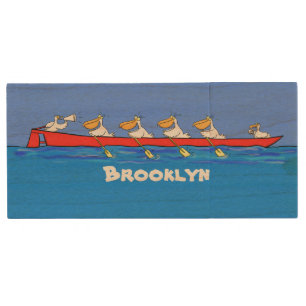 Funny pelicans rowing cartoon illustration wood flash drive