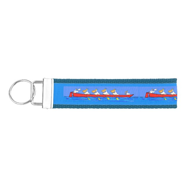 Funny pelicans rowing cartoon illustration wrist keychain (Keys on Left)