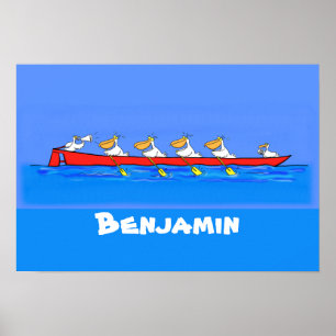 Funny pelicans rowing cartoon personalized poster