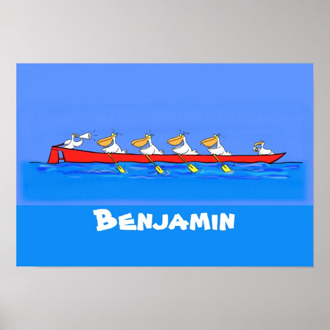 Funny pelicans rowing cartoon personalized poster (Front)