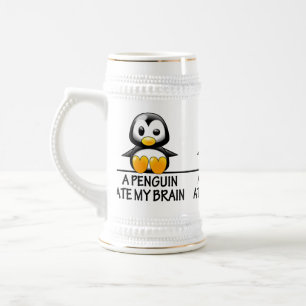 Funny Penguin Ate My Brain Graphic Beer Stein