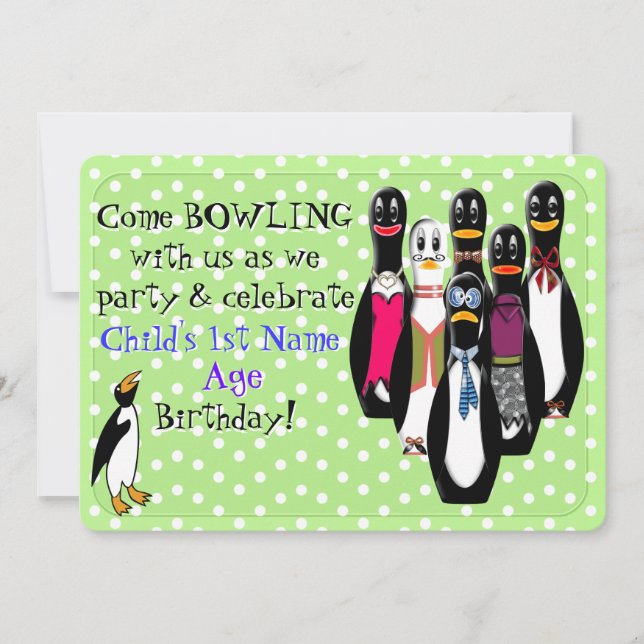 Funny Penguin Bowling Birthday Party Personalized Invitation (Front)