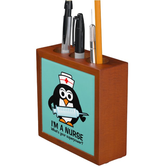 Funny penguin cartoon hospital nurse custom name desk organizer (In Situ)