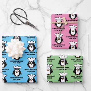 Funny Penguin Chef Cartoon Children's Christmas Wrapping Paper Sheets by cookinggifts at Zazzle