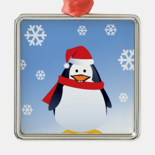 Funny Penguin Christmas Santa Claus Snowflakes Metal Ornament