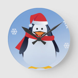 Funny Penguin Christmas Santa Claus Snowflakes Round Clock