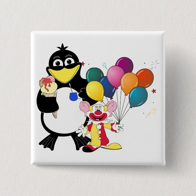 Funny penguin & clown cartoon button (Front)