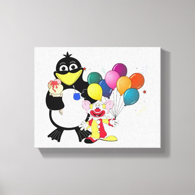 Funny penguin & clown cartoon canvas print (Front)