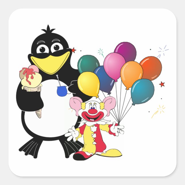 Funny penguin & clown cartoon square sticker (Front)