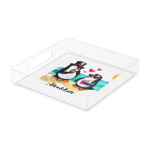 Funny Penguin Couple, Animals in Love Acrylic Tray