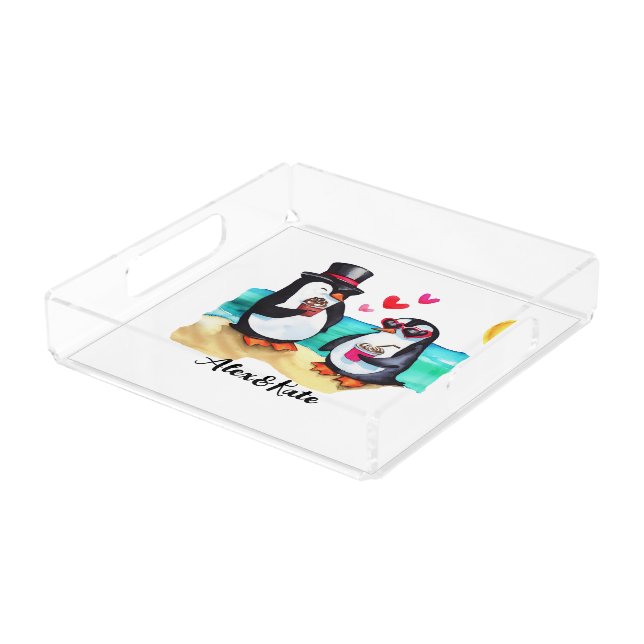 Funny Penguin Couple, Animals in Love Acrylic Tray (Angled)