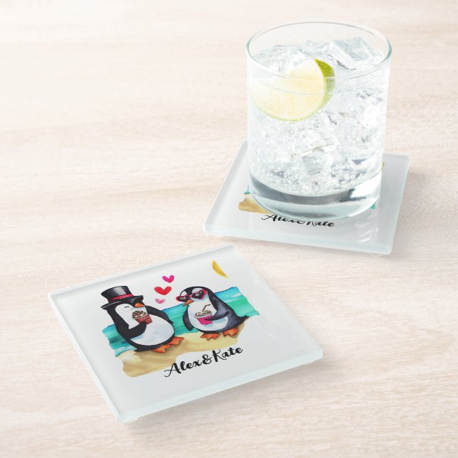 Funny Penguin Couple, Animals in Love Glass Coaster (Angled)
