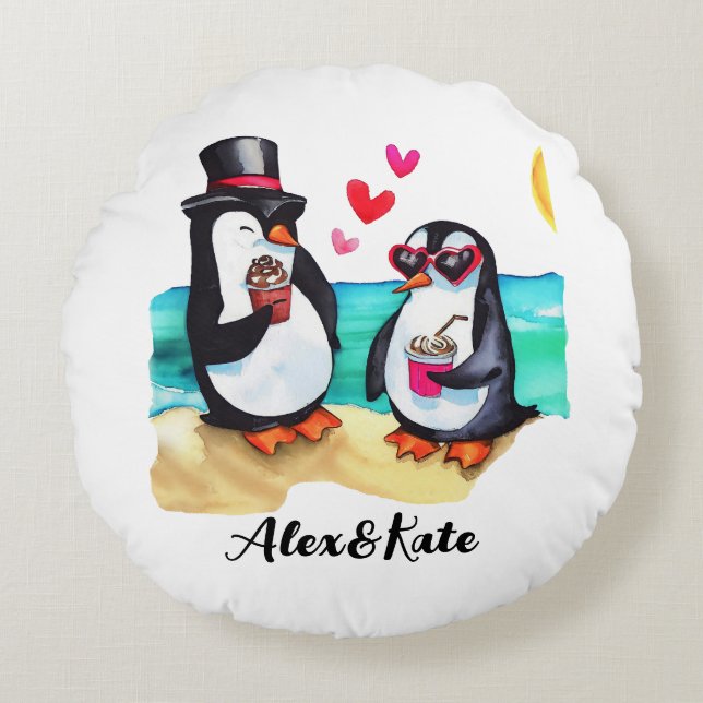 Funny Penguin Couple, Animals in Love Round Pillow (Front)