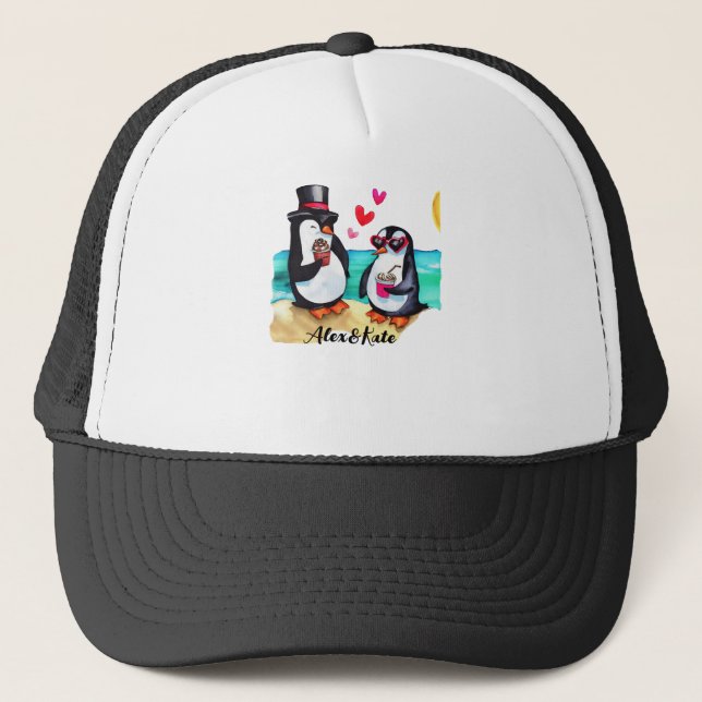 Funny Penguin Couple, Animals in Love Trucker Hat (Front)