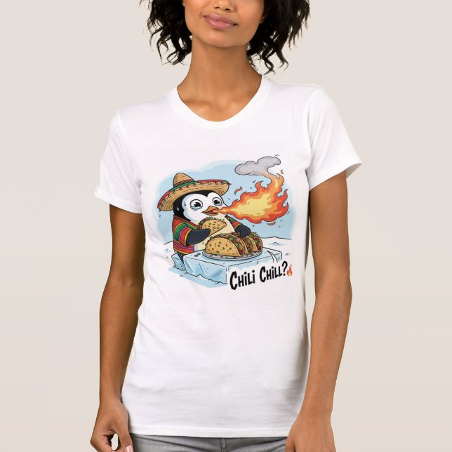 Funny Penguin Eating Spicy Tacos T-Shirt (Front)