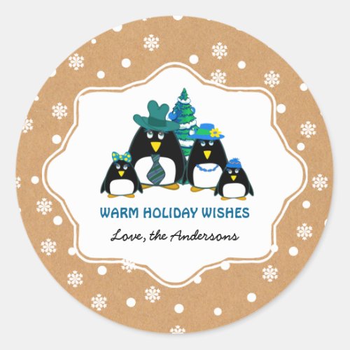 Funny Penguin Family Custom Christmas  Classic Round Sticker