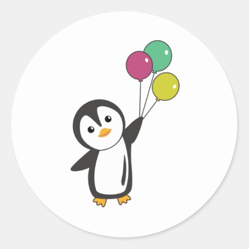 Funny Penguin Flies Up With Balloons Classic Round Sticker