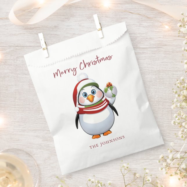 Funny Penguin Holding Ornament Merry Christmas  Favor Bag (Clipped)