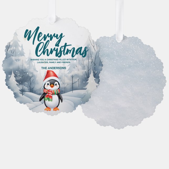 Funny Penguin Merry Xmas tree snow Holiday  Ornament Card (Front/Back)