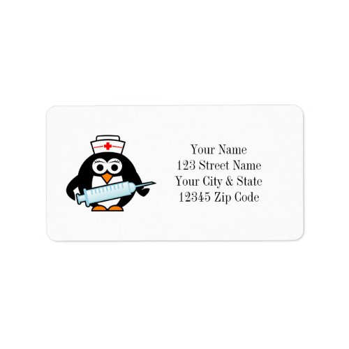 Funny penguin nurse with syringe address labels