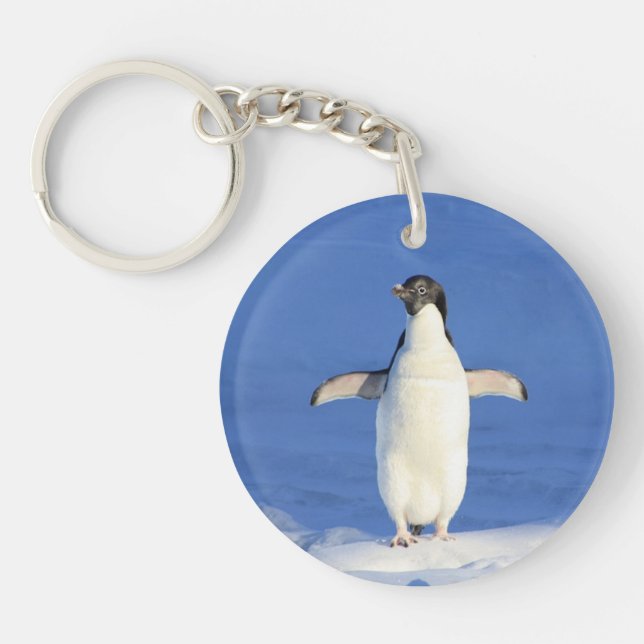 Funny penguin on ice photo keychain (Front)