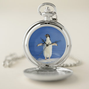 Funny penguin on ice photo pocket watch