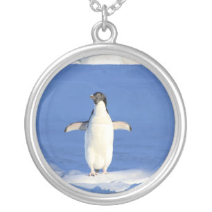 Funny penguin on ice photo silver plated necklace