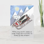 Funny Penguin on Sled Personalized Holiday Card<br><div class="desc">Pingly Penguin, wearing his bouncy spring-loaded shoes, is strapped to a sled & headed down a high snowy mountain straight out of quarantine. Oh What Fun! (or not)… Along w/a message inside to personalize, this funny holiday card will give your friends & family a sure laugh for Christmas, Hanukkah, New...</div>