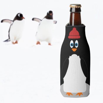 Funny Penguin Personalized Black Cute Cartoon Bird Bottle Cooler by mothersdaisy at Zazzle