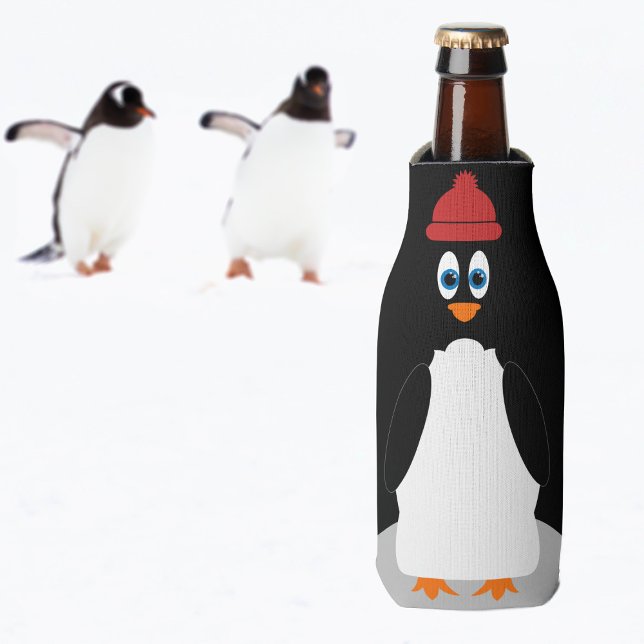 Funny Penguin Personalized Black Cute Cartoon Bird Bottle Cooler (🐧  Meet Bobble the Penguin. He'd love to come and live with you 🐧 )