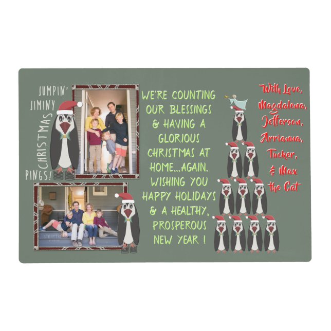Funny Penguin Personalized Christmas Photo Placemat (Front)