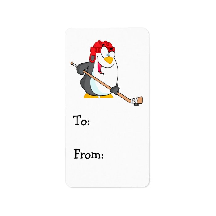 funny penguin playing ice hockey cartoon personalized address label