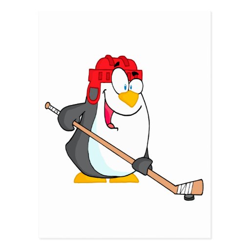 funny penguin playing ice hockey cartoon postcard | Zazzle