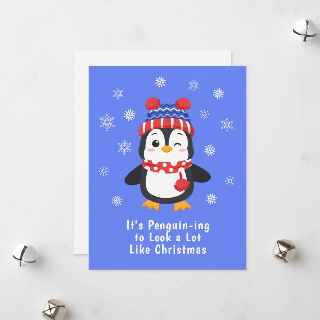 Funny Penguin Pun Snowflake Christmas Holiday Card (Front/Back In Situ)