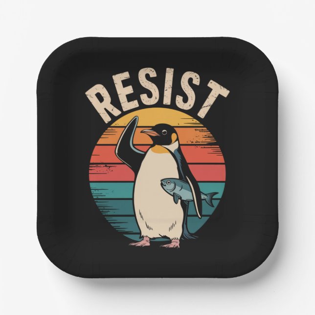 Funny Penguin Resist Protest Against Tariffs  Paper Plates (Front)