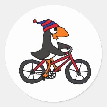 Funny Penguin Riding Red Bicycle Classic Round Sticker by tickleyourfunnybone at Zazzle