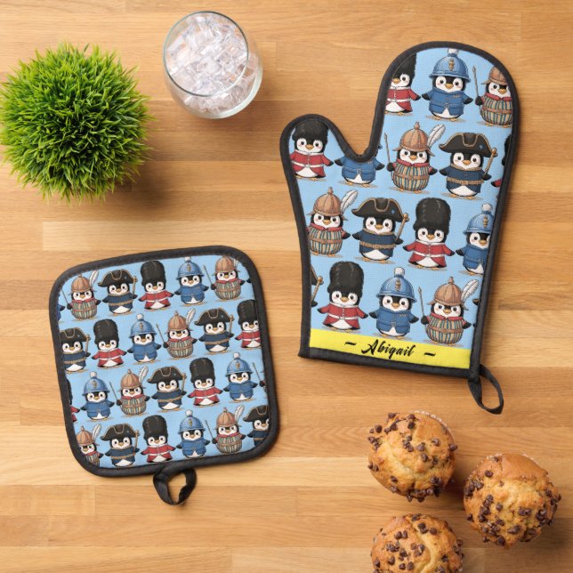 Funny Penguin Royal Guard (Personalized) Oven Mitt & Pot Holder Set (Top Down)